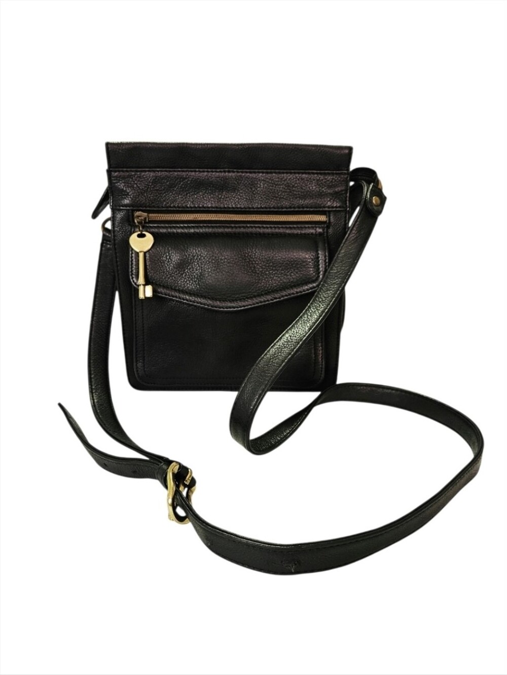 Fossil Black Leather Vintage Style Crossbody Purse with Key Charm EUC